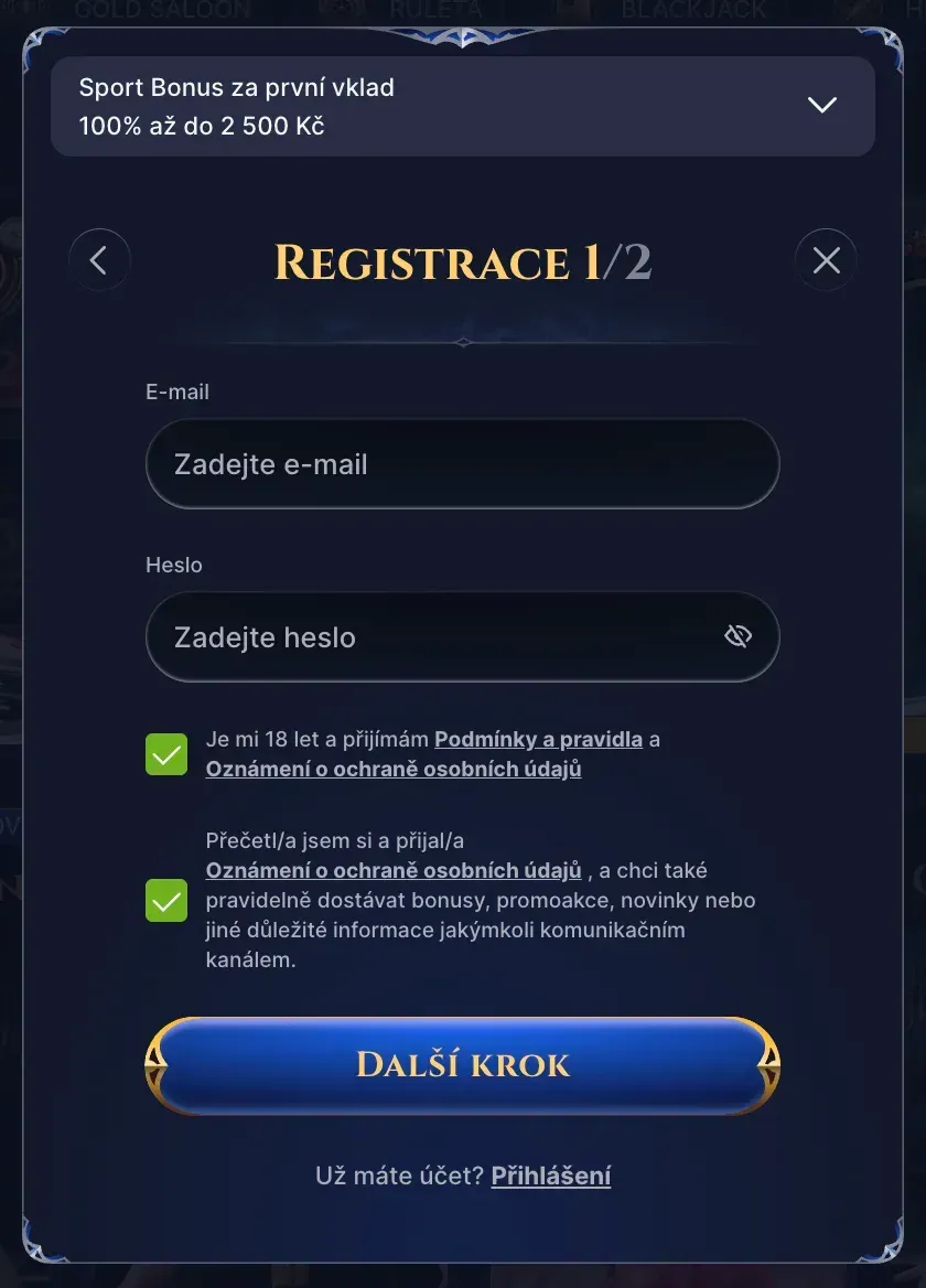 Registrační formulář v Cazeus casino