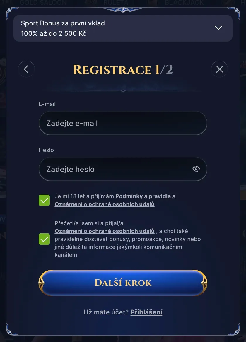 Registrační formulář v Cazeus casino